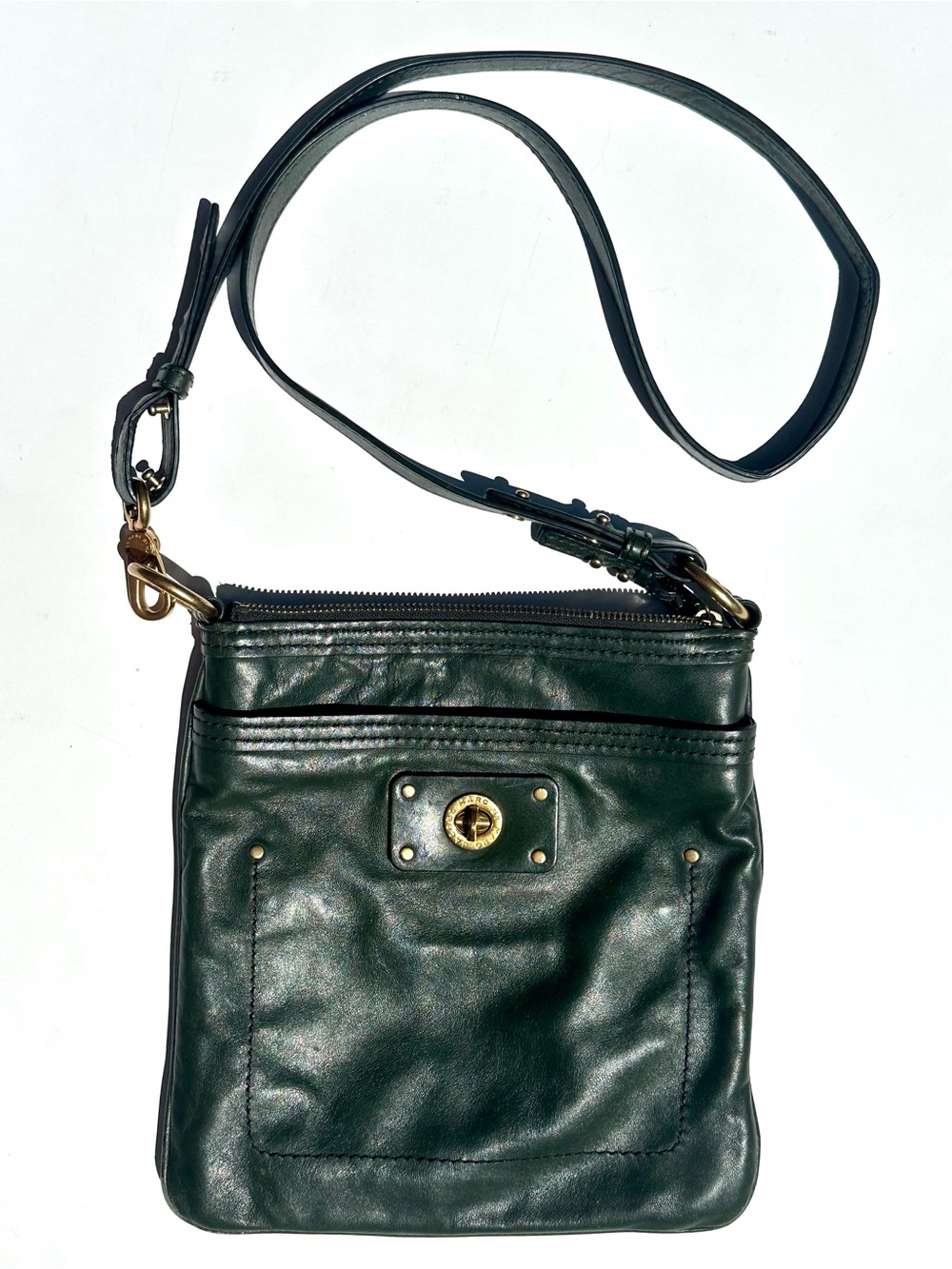 Marc by Marc Jacobs Dark Green Leather Crossbody Bag, Turn-Lock Accent, 10”x10”